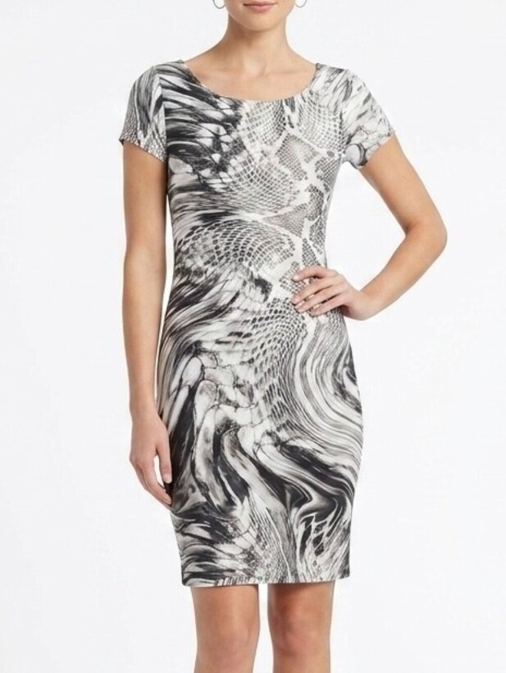 ABS by Allen Schwartz Women's Sheath Dress S Gray Snake Skin Print Short Sleeve